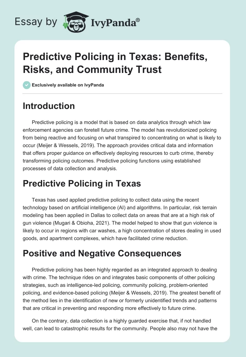 Predictive Policing in Texas: Benefits, Risks, and Community Trust. Page 1