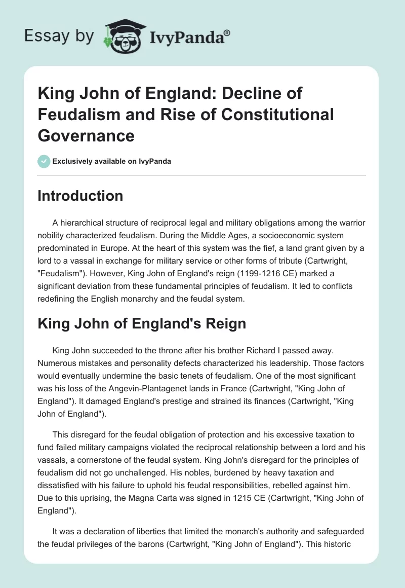 King John of England: Decline of Feudalism and Rise of Constitutional Governance. Page 1