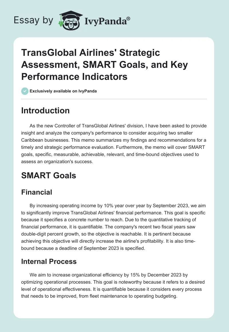 TransGlobal Airlines' Strategic Assessment, SMART Goals, and Key Performance Indicators. Page 1