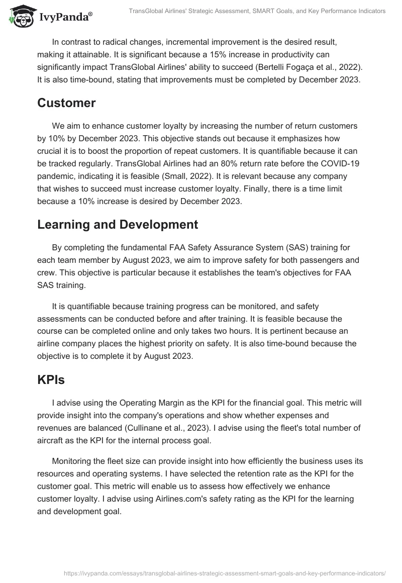 TransGlobal Airlines' Strategic Assessment, SMART Goals, and Key Performance Indicators. Page 2