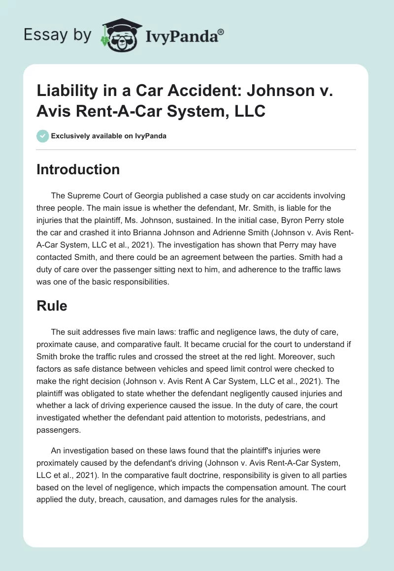 Liability in a Car Accident: Johnson v. Avis Rent-A-Car System, LLC. Page 1