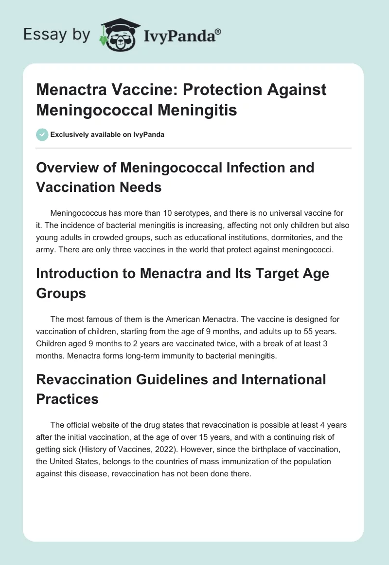 Menactra Vaccine: Protection Against Meningococcal Meningitis. Page 1