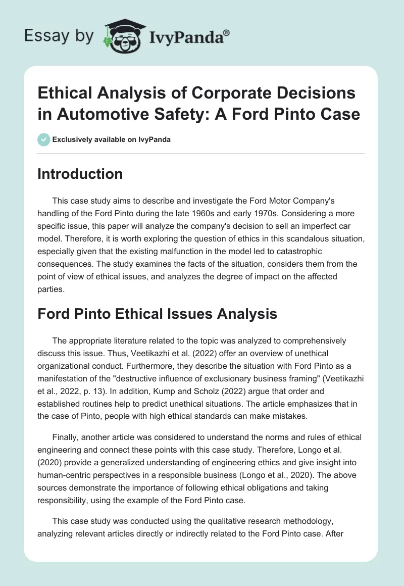 Ethical Analysis of Corporate Decisions in Automotive Safety: A Ford Pinto Case. Page 1