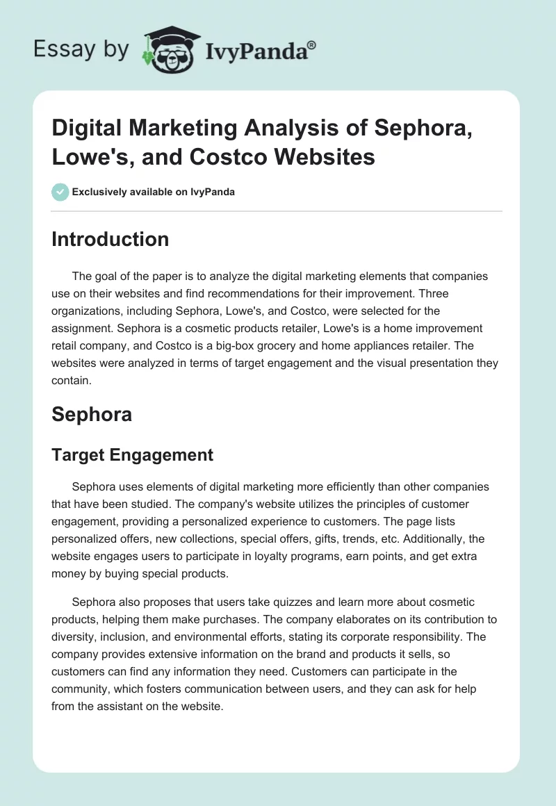Digital Marketing Analysis of Sephora, Lowe's, and Costco Websites. Page 1