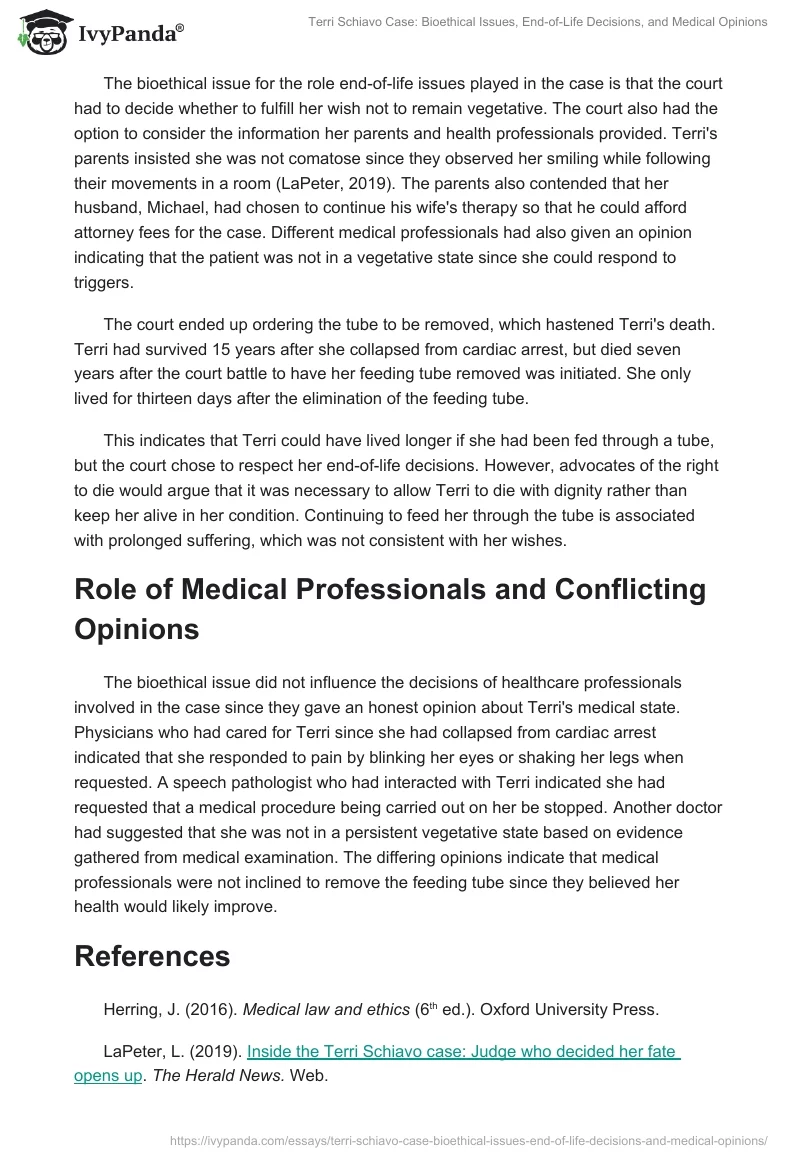 Terri Schiavo Case: Bioethical Issues, End-of-Life Decisions, and Medical Opinions. Page 2