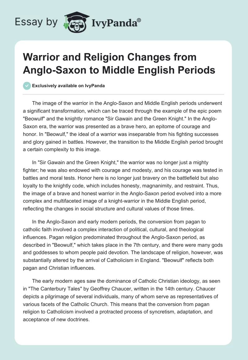 Warrior and Religion Changes from Anglo-Saxon to Middle English Periods. Page 1