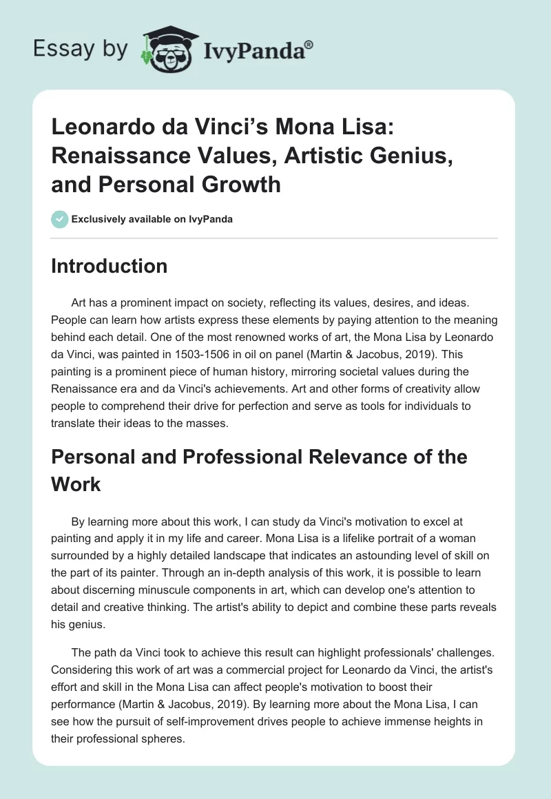 Leonardo da Vinci’s Mona Lisa: Renaissance Values, Artistic Genius, and Personal Growth. Page 1