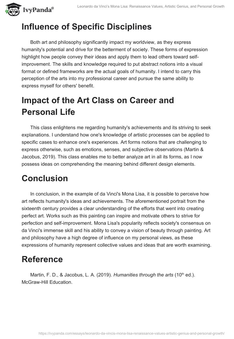 Leonardo da Vinci’s Mona Lisa: Renaissance Values, Artistic Genius, and Personal Growth. Page 2