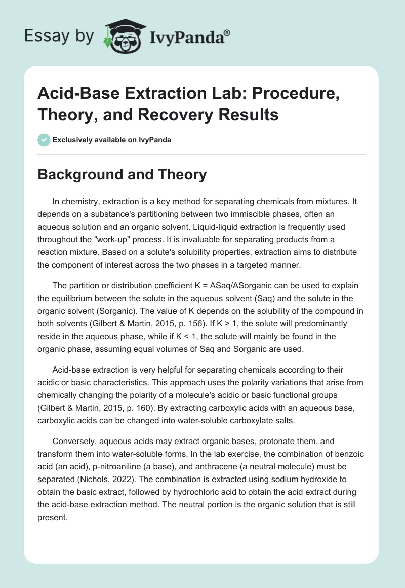 Acid-Base Extraction Lab: Procedure, Theory, and Recovery Results. Page 1