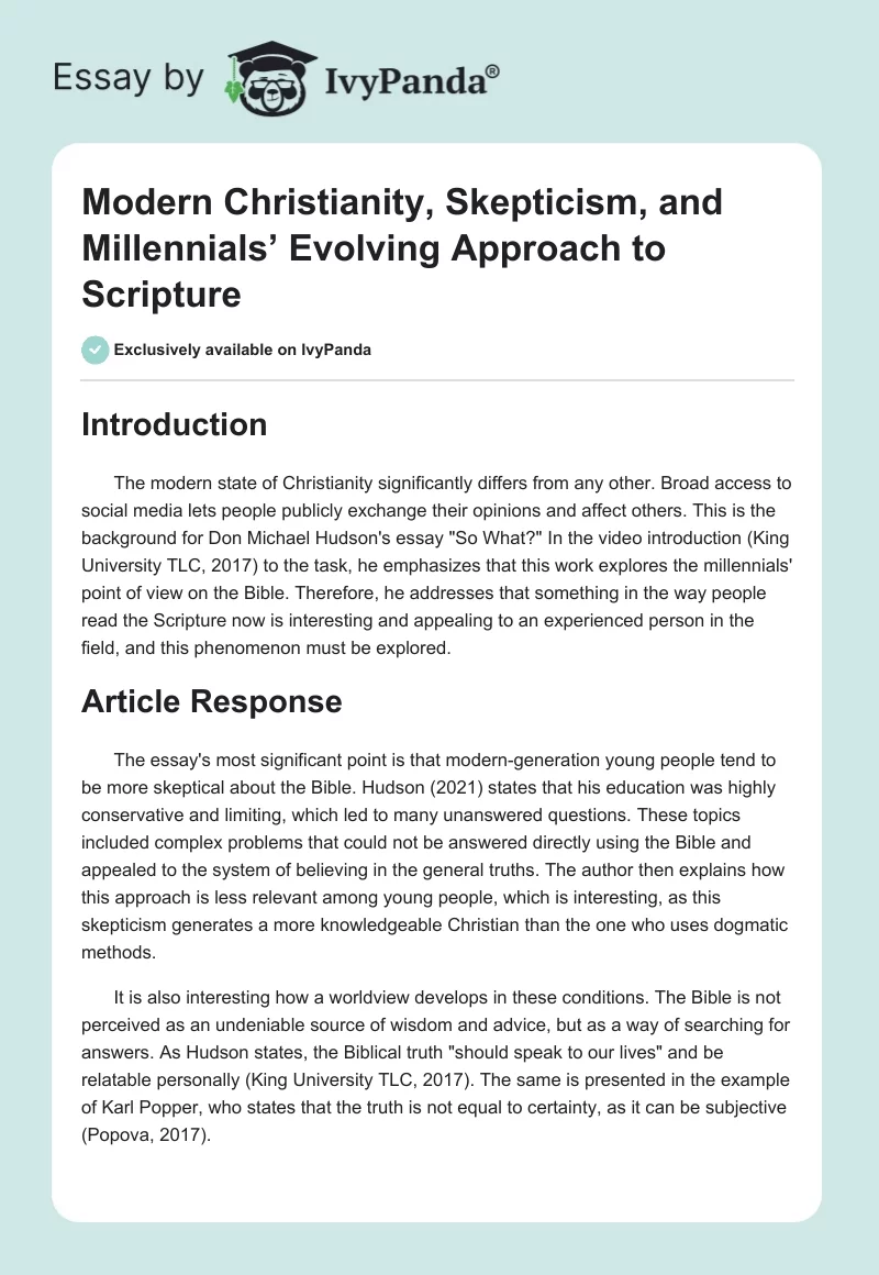 Modern Christianity, Skepticism, and Millennials’ Evolving Approach to Scripture. Page 1