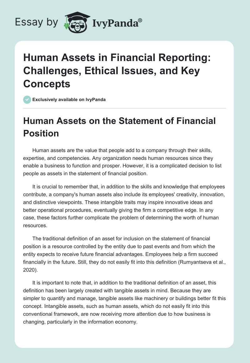 Human Assets in Financial Reporting: Challenges, Ethical Issues, and Key Concepts. Page 1
