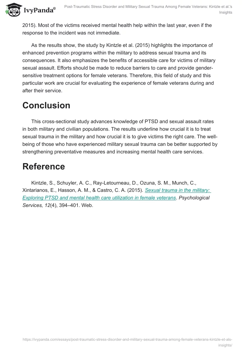 Post-Traumatic Stress Disorder and Military Sexual Trauma Among Female Veterans: Kintzle et al.'s Insights. Page 2
