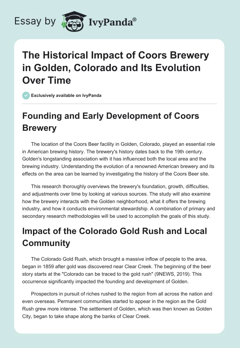 The Historical Impact of Coors Brewery in Golden, Colorado and Its Evolution Over Time. Page 1