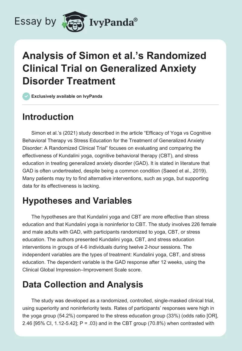Analysis of Simon et al.’s Randomized Clinical Trial on Generalized Anxiety Disorder Treatment. Page 1