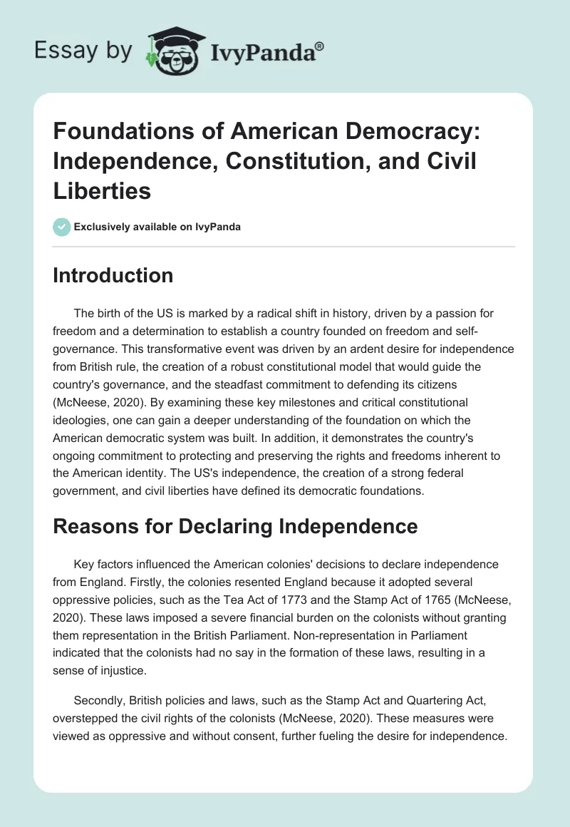 Foundations of American Democracy: Independence, Constitution, and Civil Liberties. Page 1