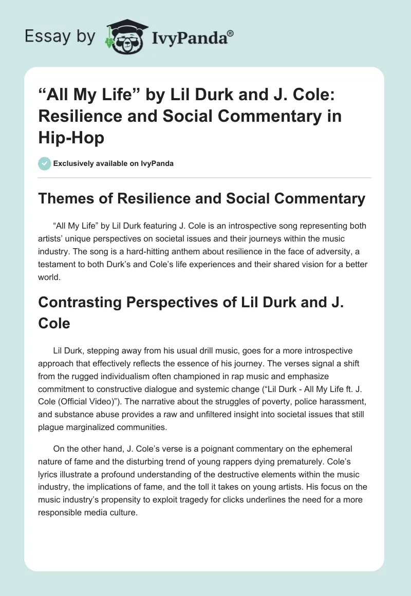 “All My Life” by Lil Durk and J. Cole: Resilience and Social Commentary in Hip-Hop. Page 1