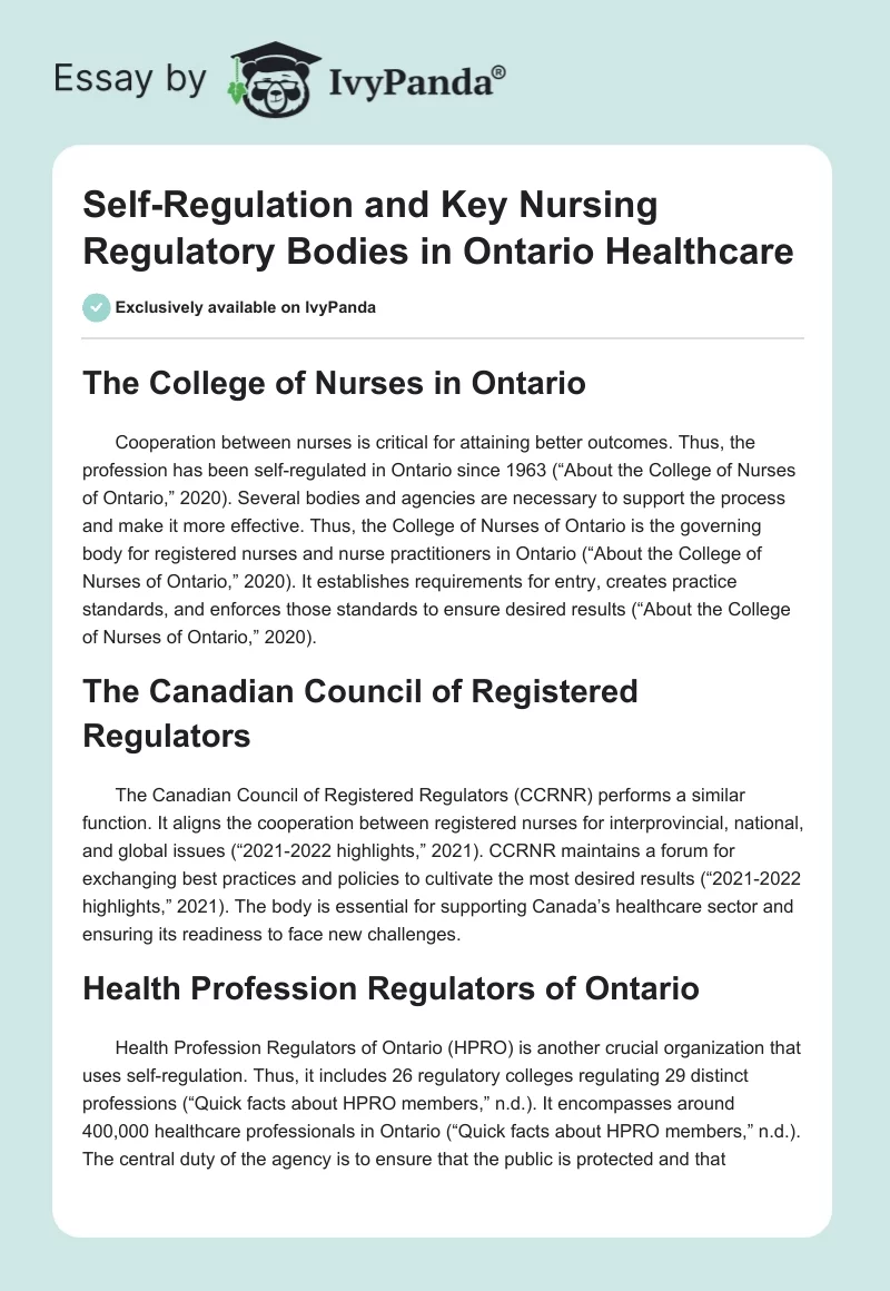 Self-Regulation and Key Nursing Regulatory Bodies in Ontario Healthcare. Page 1