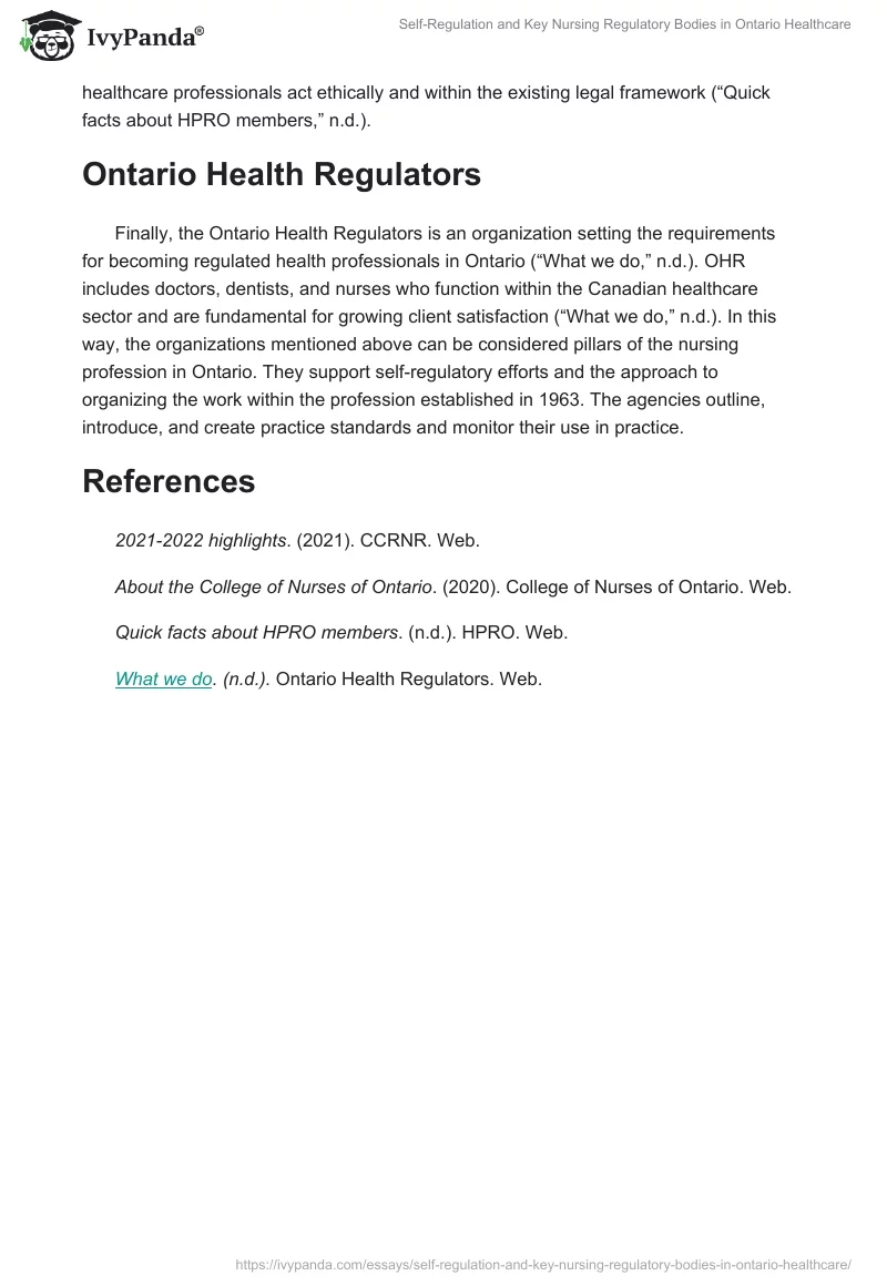 Self-Regulation and Key Nursing Regulatory Bodies in Ontario Healthcare. Page 2