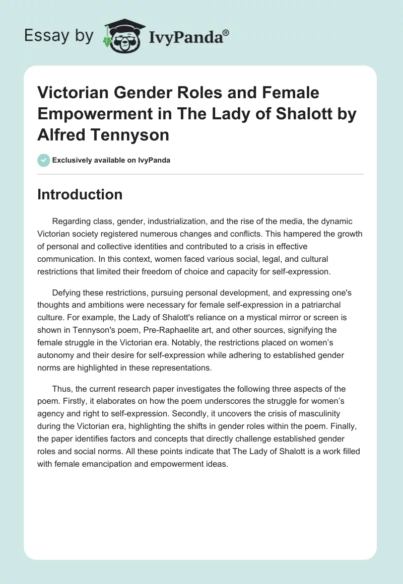 Victorian Gender Roles and Female Empowerment in The Lady of Shalott by Alfred Tennyson. Page 1