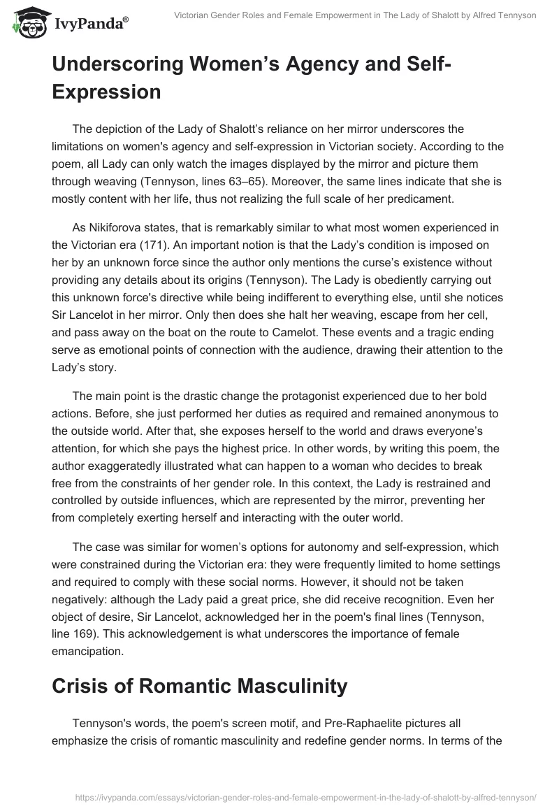 Victorian Gender Roles and Female Empowerment in The Lady of Shalott by Alfred Tennyson. Page 2