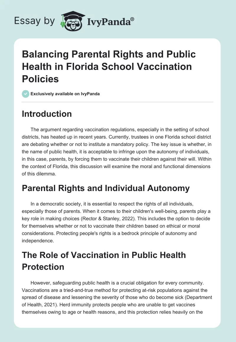 Balancing Parental Rights and Public Health in Florida School Vaccination Policies. Page 1