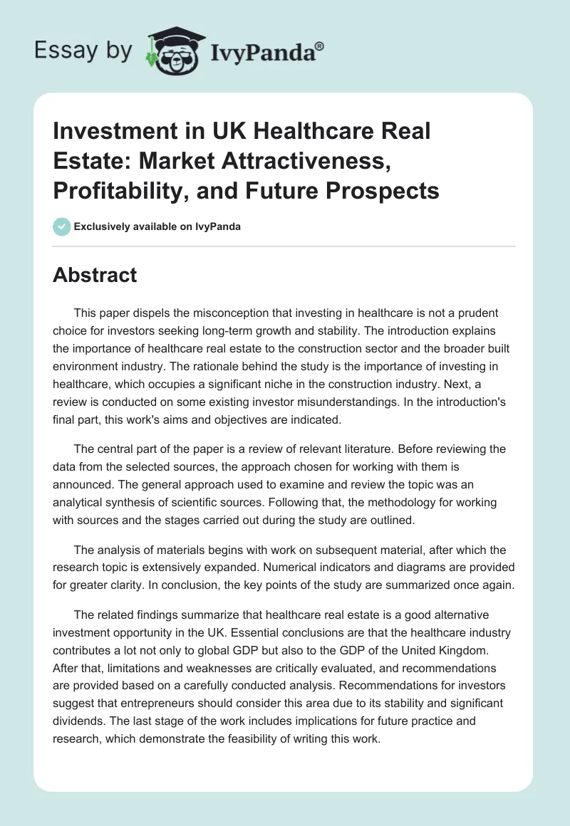 Investment in UK Healthcare Real Estate: Market Attractiveness, Profitability, and Future Prospects. Page 1