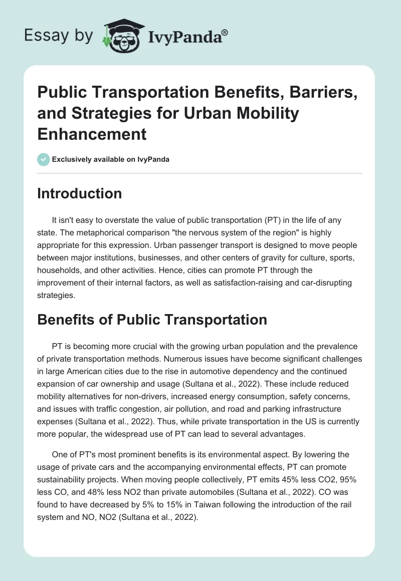 Public Transportation Benefits, Barriers, and Strategies for Urban Mobility Enhancement. Page 1