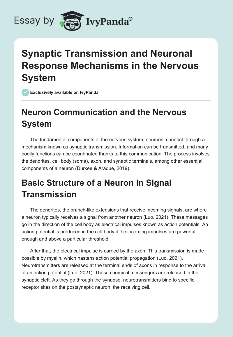 Synaptic Transmission and Neuronal Response Mechanisms in the Nervous System. Page 1