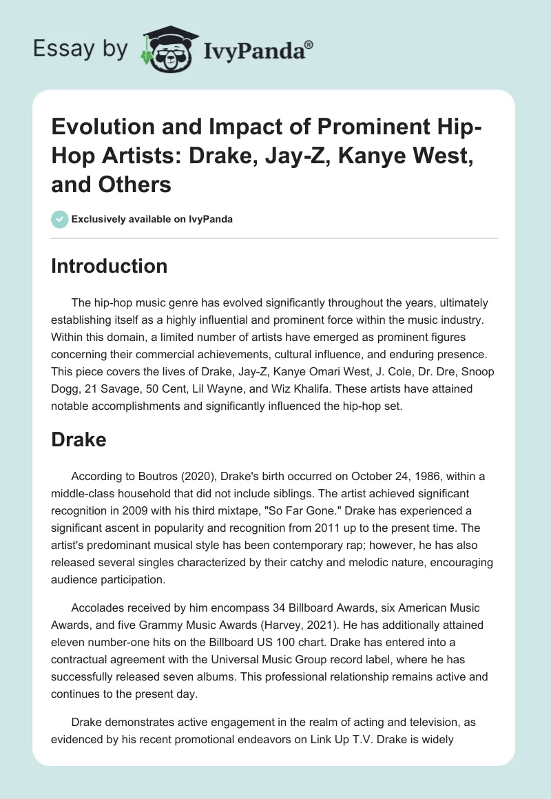 Evolution and Impact of Prominent Hip-Hop Artists: Drake, Jay-Z, Kanye West, and Others. Page 1
