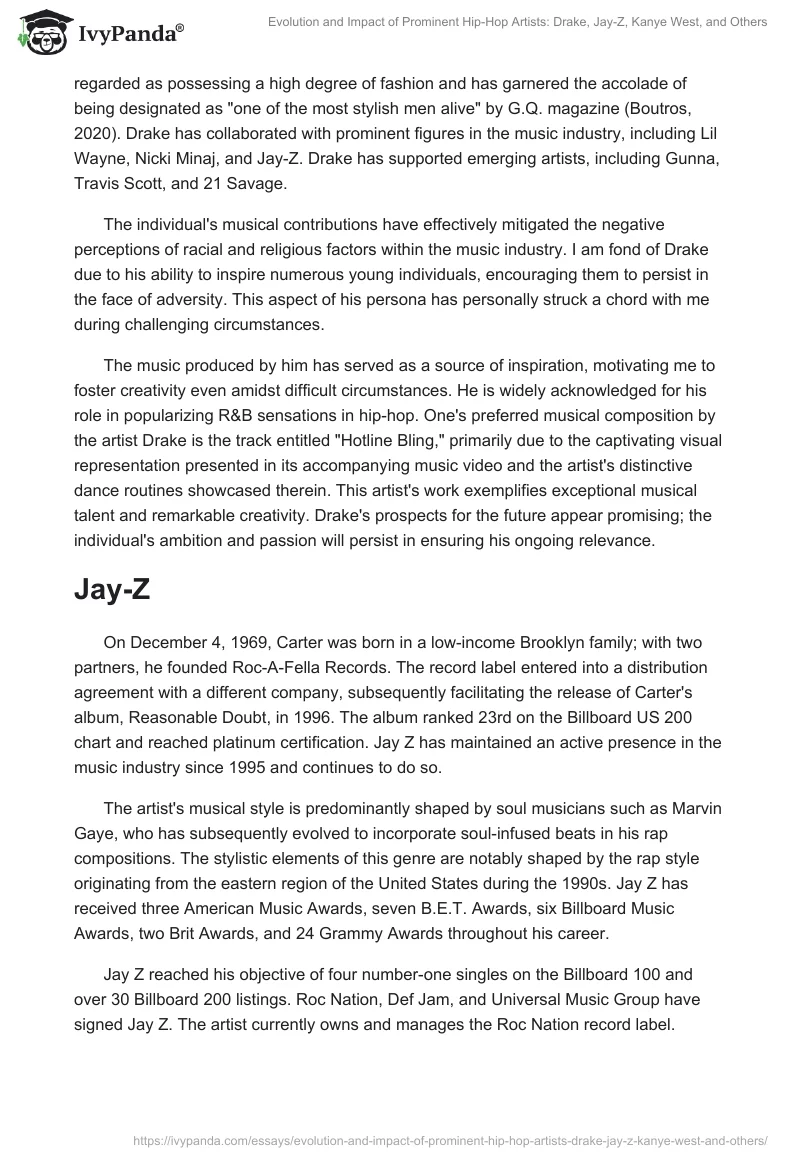 Evolution and Impact of Prominent Hip-Hop Artists: Drake, Jay-Z, Kanye West, and Others. Page 2