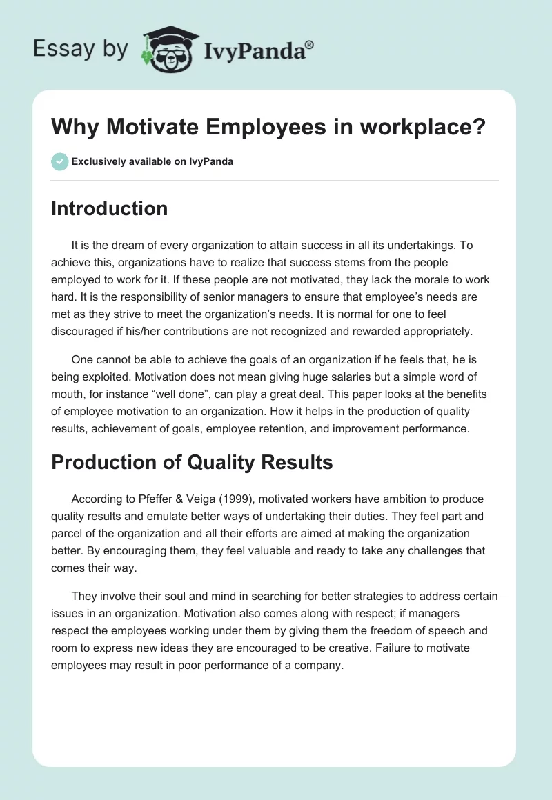 Why Motivate Employees in workplace?. Page 1
