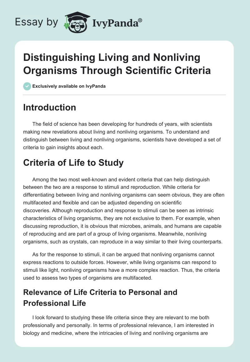 Distinguishing Living and Nonliving Organisms Through Scientific Criteria. Page 1