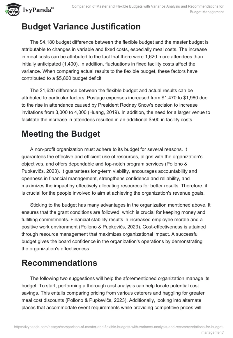 Comparison of Master and Flexible Budgets with Variance Analysis and Recommendations for Budget Management. Page 2