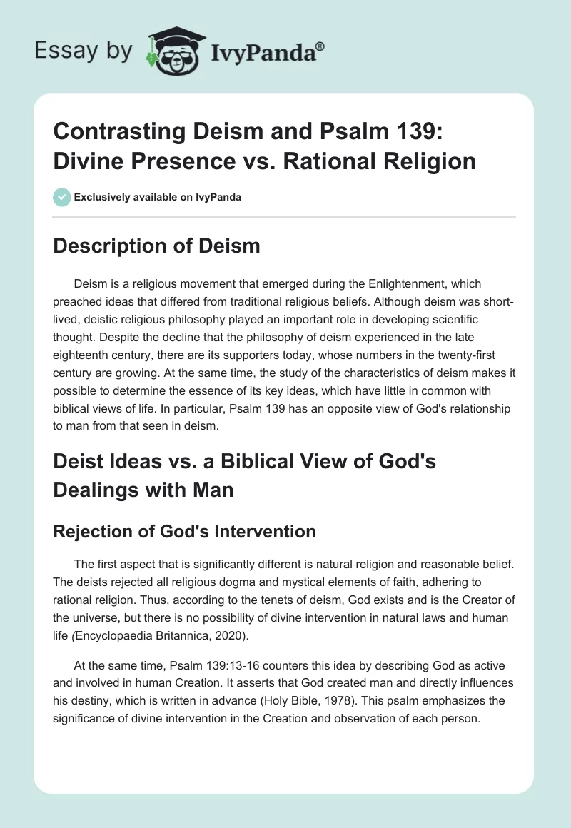 Contrasting Deism and Psalm 139: Divine Presence vs. Rational Religion. Page 1
