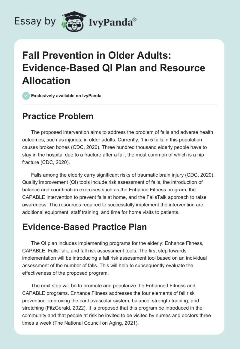 Fall Prevention in Older Adults: Evidence-Based QI Plan and Resource Allocation. Page 1