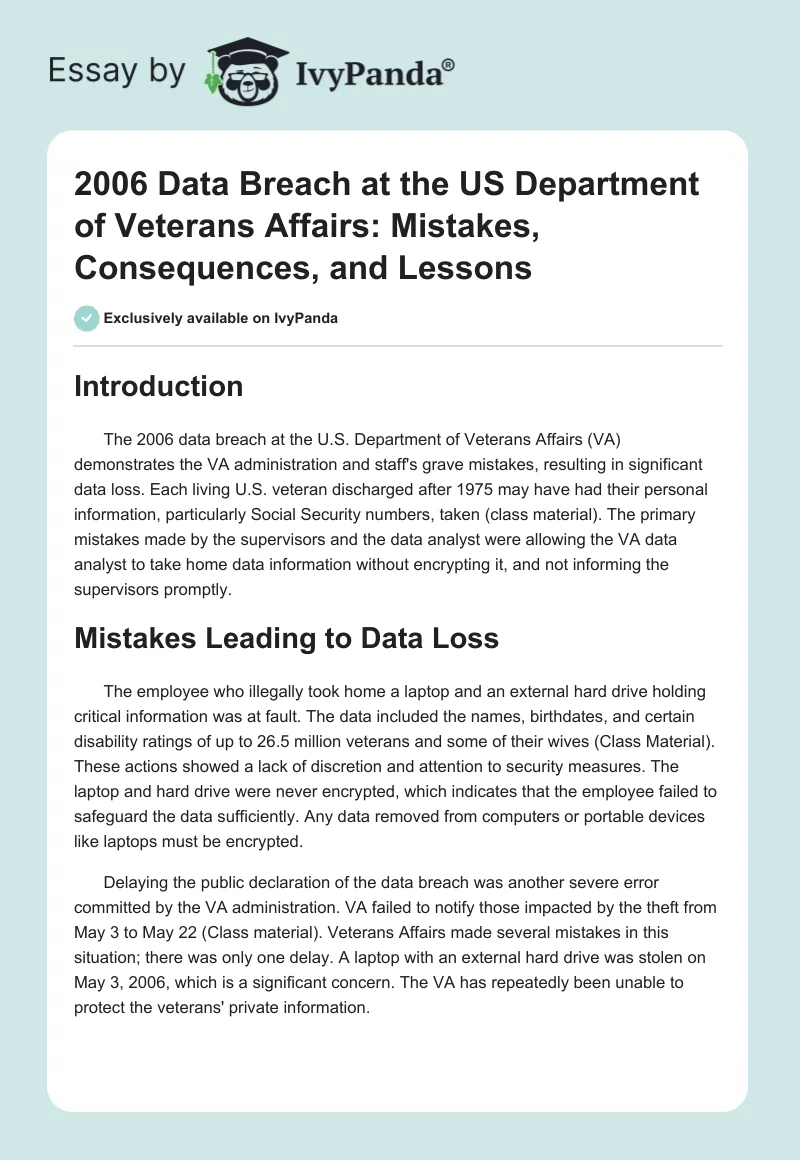 2006 Data Breach at the US Department of Veterans Affairs: Mistakes, Consequences, and Lessons. Page 1