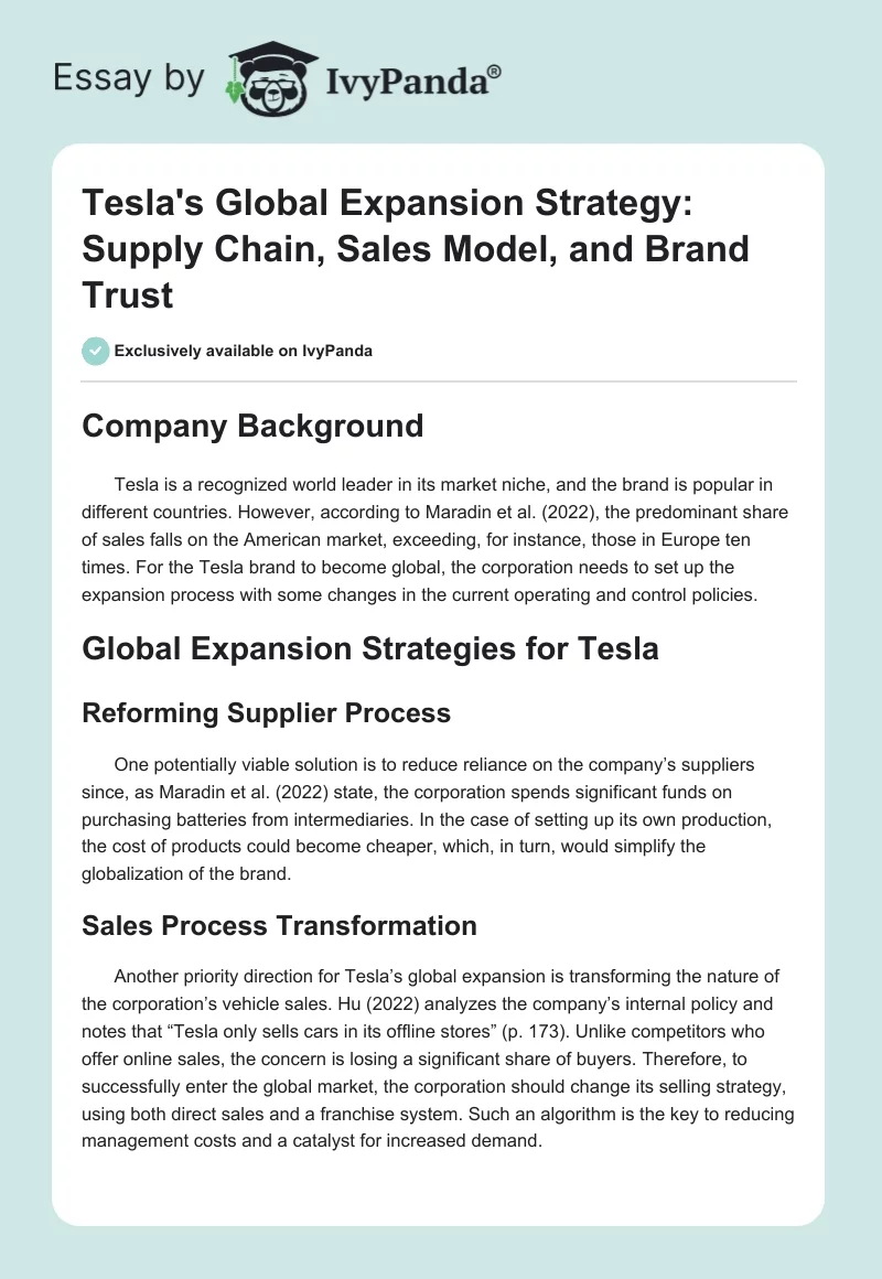 Tesla's Global Expansion Strategy: Supply Chain, Sales Model, and Brand Trust. Page 1