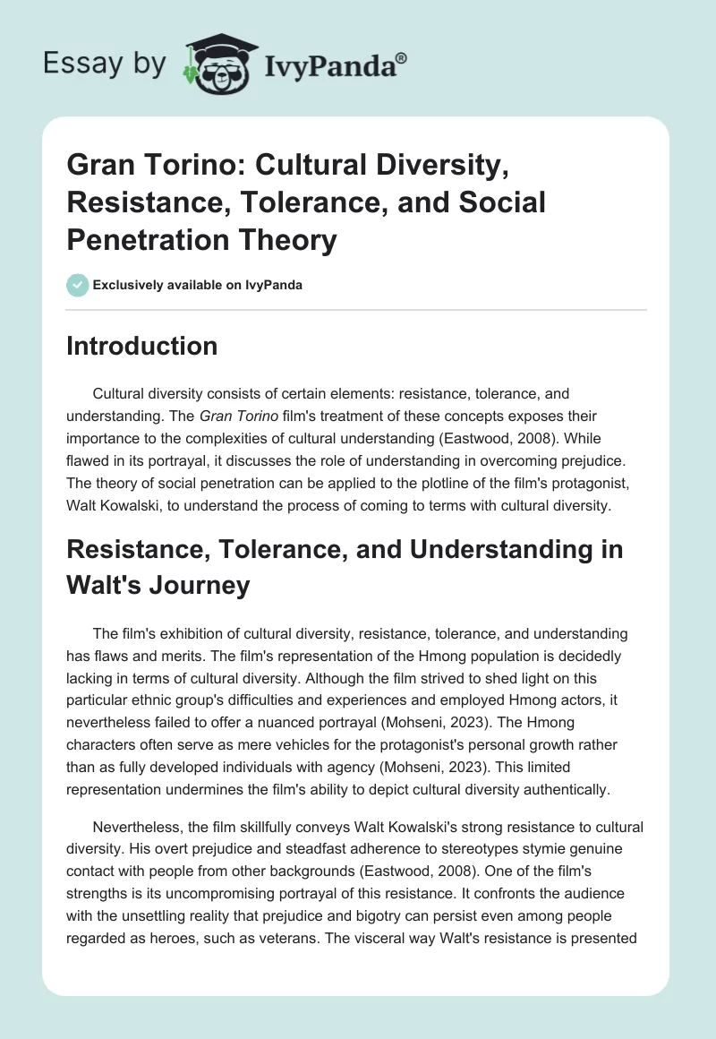 Gran Torino: Cultural Diversity, Resistance, Tolerance, and Social Penetration Theory. Page 1