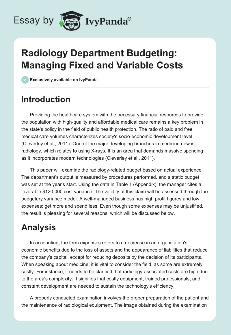 Radiology Department Budgeting: Managing Fixed and Variable Costs. Page 1