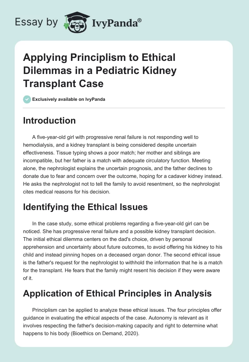 Applying Principlism to Ethical Dilemmas in a Pediatric Kidney Transplant Case. Page 1