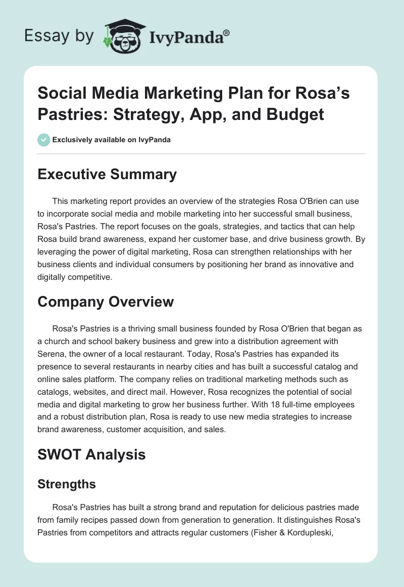 Social Media Marketing Plan for Rosa’s Pastries: Strategy, App, and Budget. Page 1