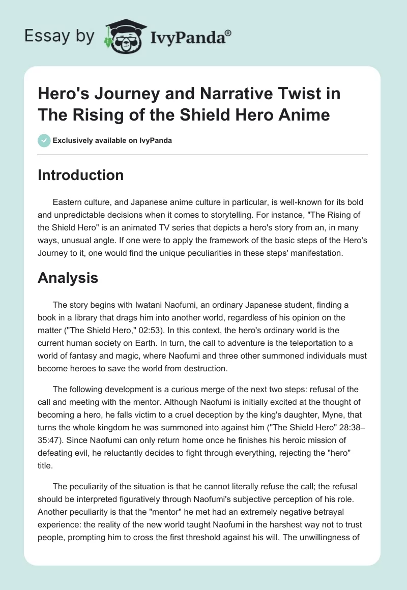 Hero's Journey and Narrative Twist in The Rising of the Shield Hero Anime. Page 1