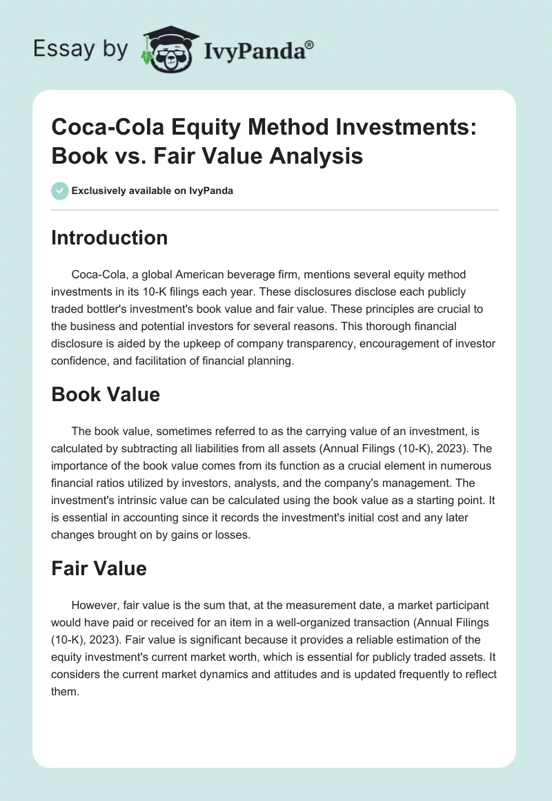 Coca-Cola Equity Method Investments: Book vs. Fair Value Analysis. Page 1