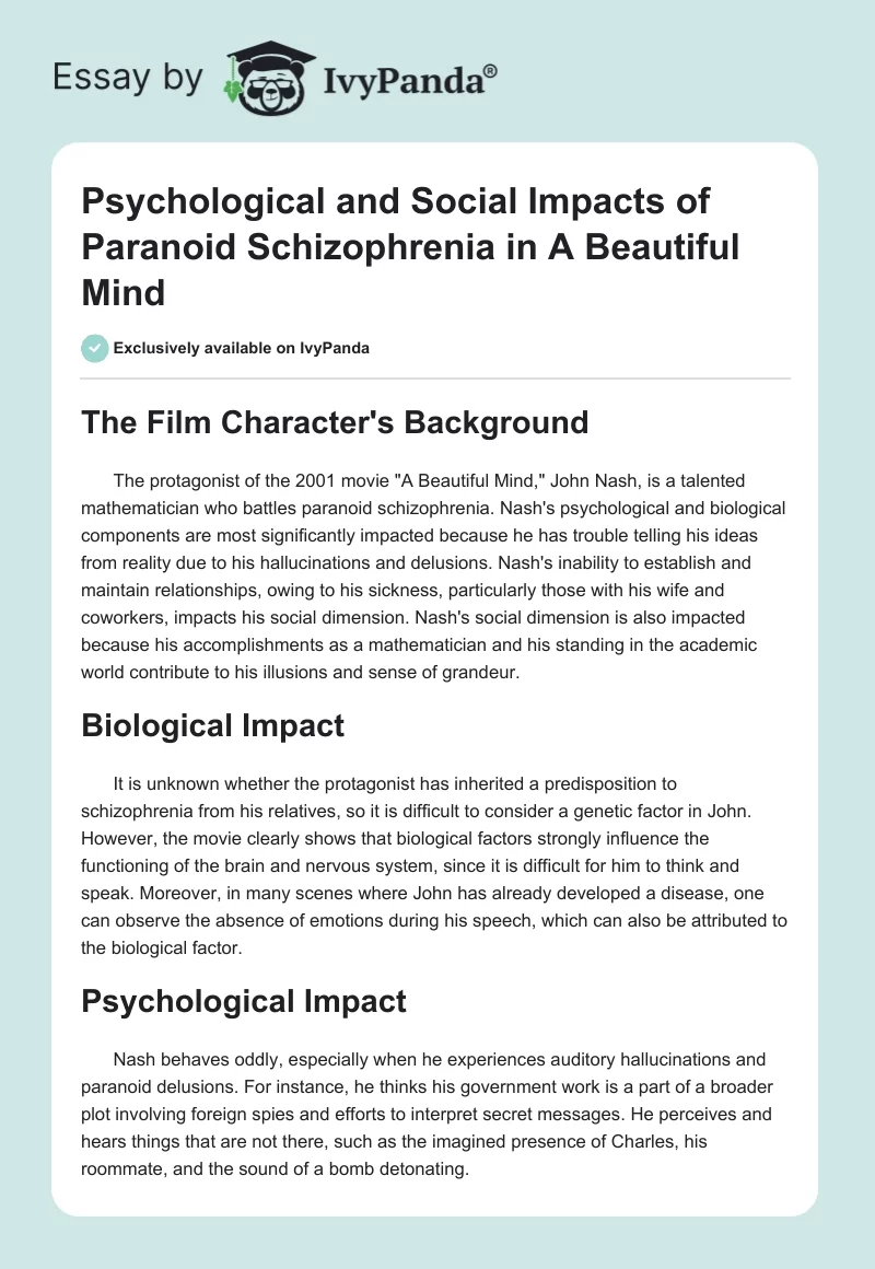 Psychological and Social Impacts of Paranoid Schizophrenia in A Beautiful Mind. Page 1