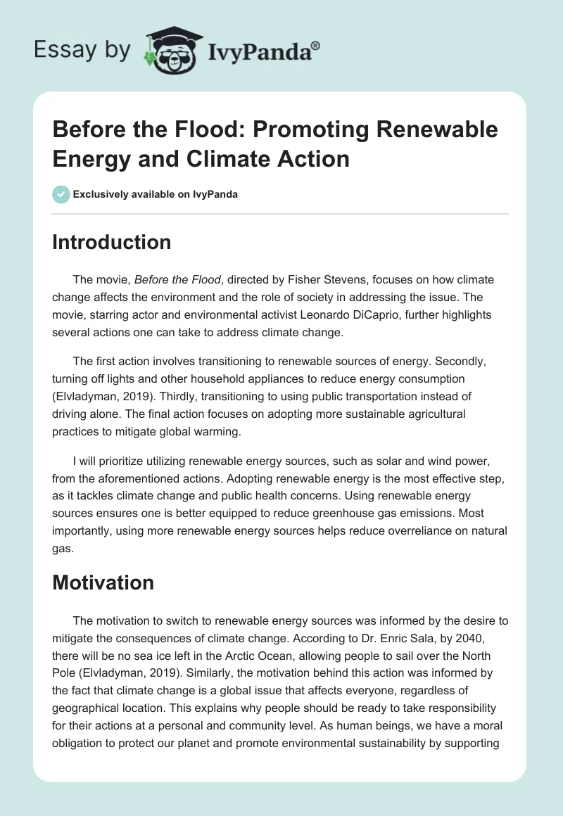 Before the Flood: Promoting Renewable Energy and Climate Action. Page 1