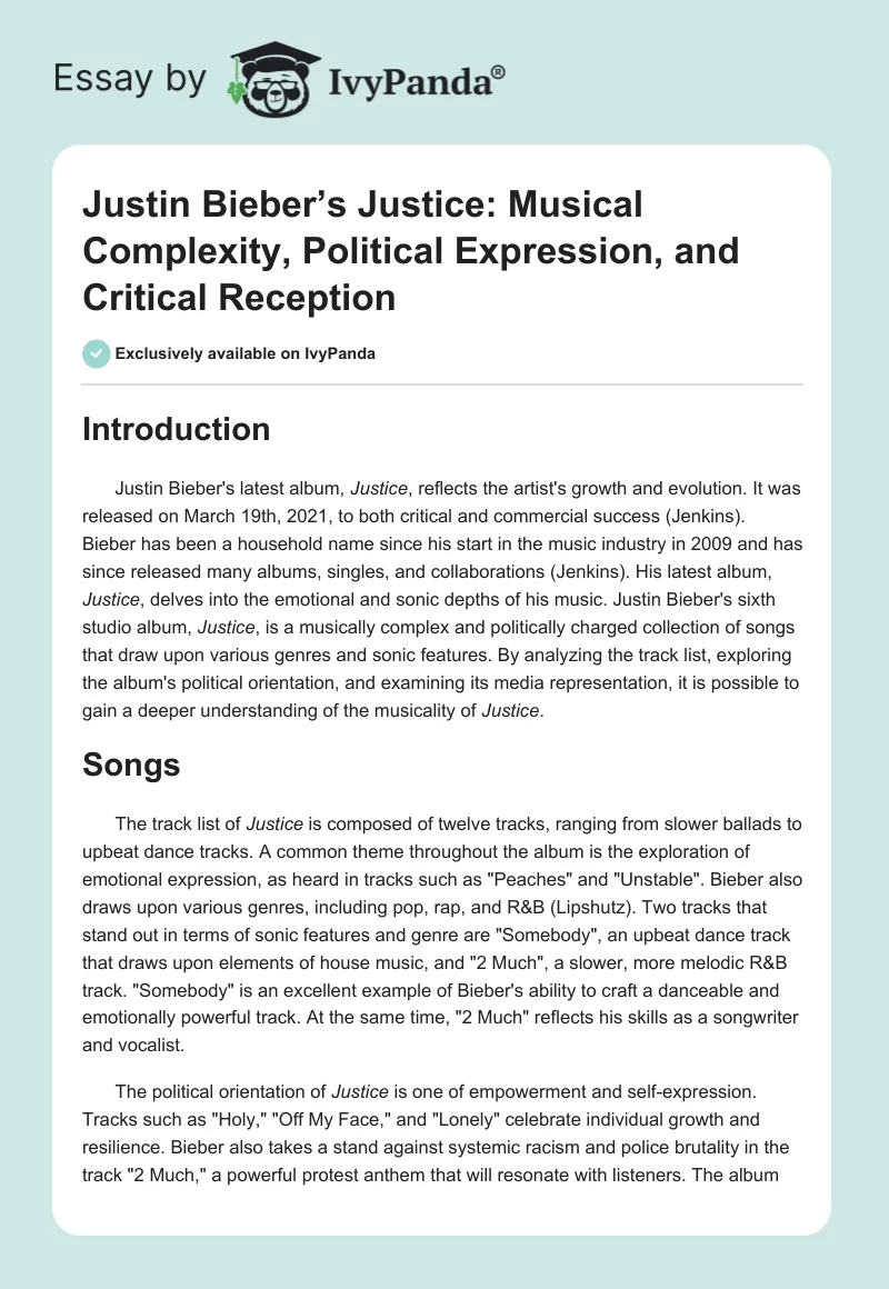 Justin Bieber’s Justice: Musical Complexity, Political Expression, and Critical Reception. Page 1
