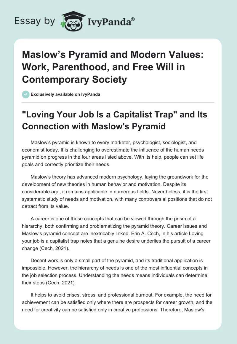 Maslow’s Pyramid and Modern Values: Work, Parenthood, and Free Will in Contemporary Society. Page 1