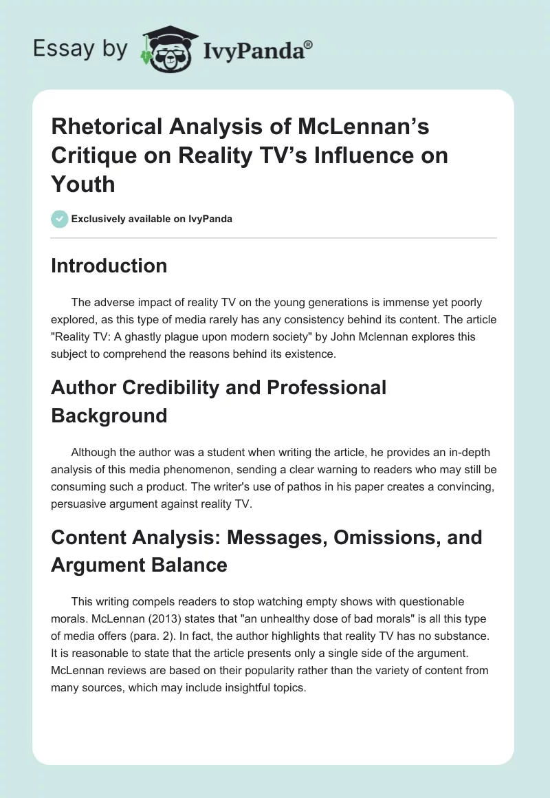 Rhetorical Analysis of McLennan’s Critique on Reality TV’s Influence on Youth. Page 1