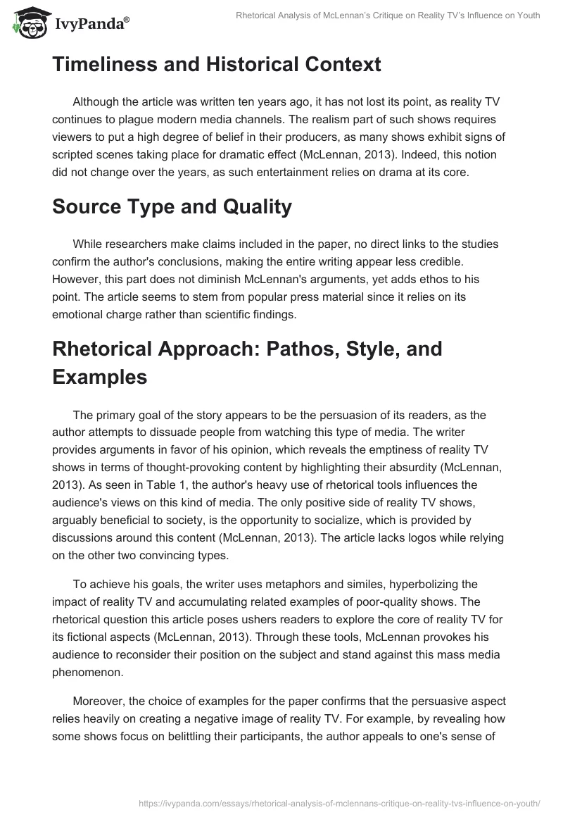 Rhetorical Analysis of McLennan’s Critique on Reality TV’s Influence on Youth. Page 2