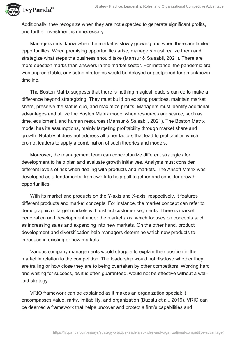 Strategy Practice, Leadership Roles, and Organizational Competitive Advantage. Page 2